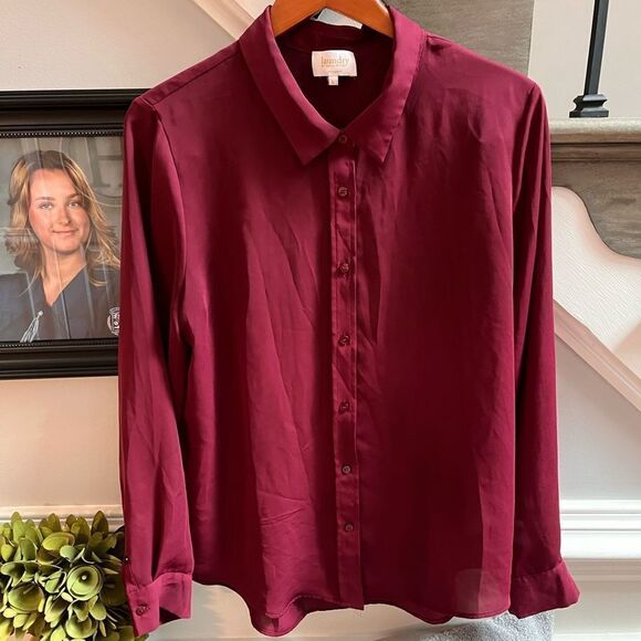 Laundry by Shelli Segal Burgundy Crepe Button Down Shirt sz L - Picture 1 of 6
